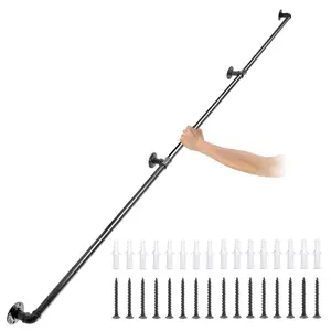VEVOR Pipe Stair Handrail, TikTokShopBlackFriday, 9FT Staircase Handrail, 440LBS Load Capacity Carbon Steel Pipe Handrail, Industrial Pipe Handrail with Wall Mount Support, Round Corner Wall Handrailings for Indoor, Outdoor