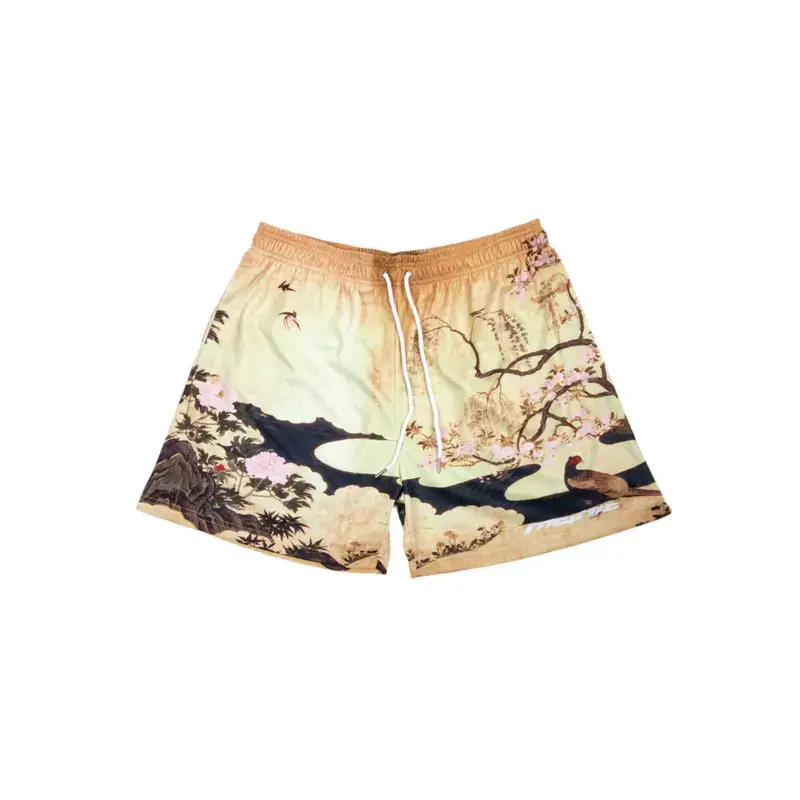 Art-Inspired Landscape Print Swim Shorts for Men, Vintage Nature Design with Elastic Drawstring Waist, Unique Beach Trunks for Pool Days, Resort Vacations and Summer Travel
