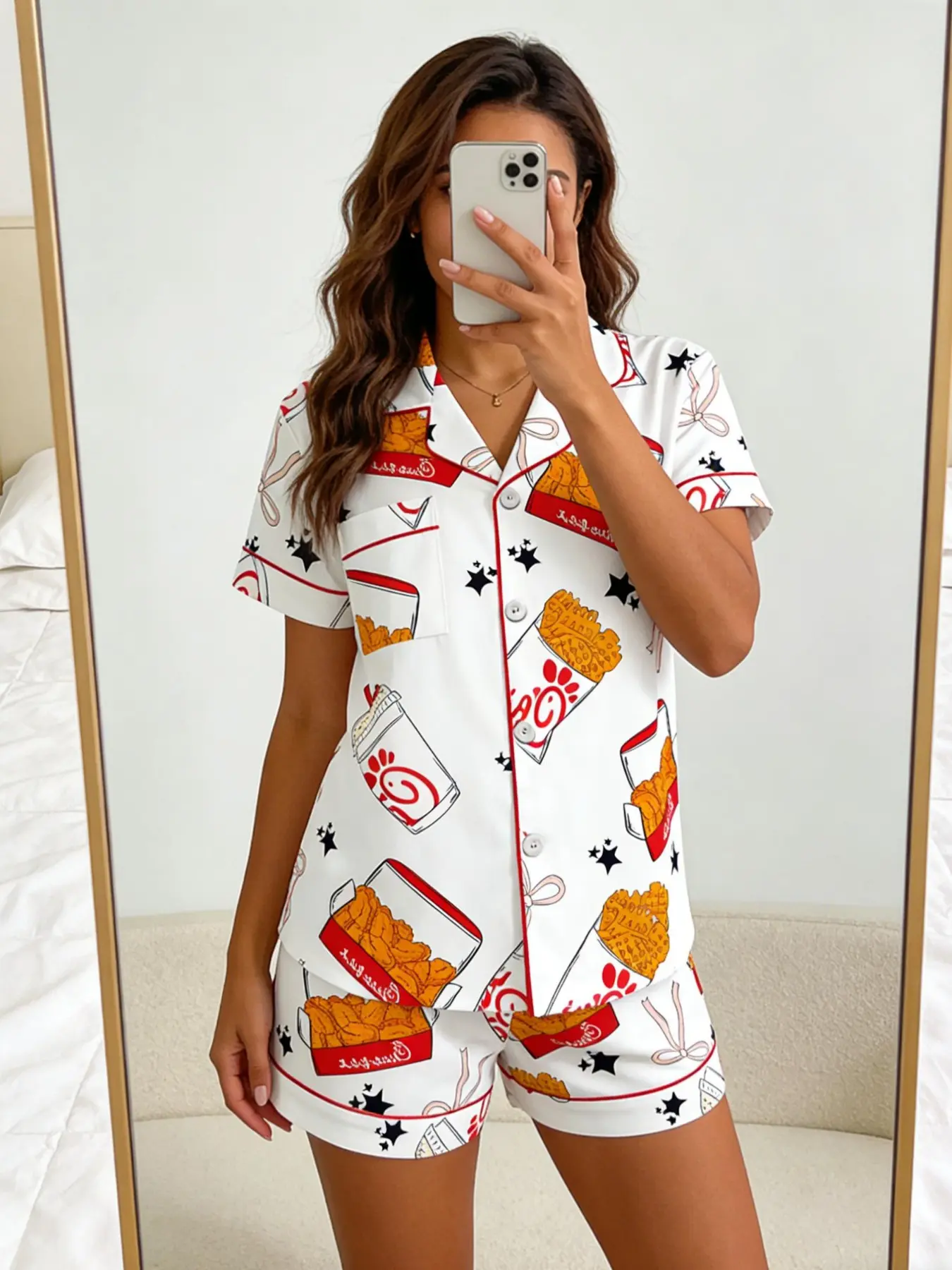 Women's Loose Fit Pyjama Set, Chicken Fries Coke All over Print, Soft Comfortable Fabric, Button Front Short Sleeves, Ideal Gift, Pajamas, Pjs, Nightwear, Loungewear, Matching Loungewear, Pajamas Sleepwear