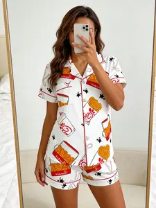 Women's Loose Fit Pyjama Set, Chicken Fries Coke All over Print, Soft Comfortable Fabric, Button Front Short Sleeves, Ideal Gift