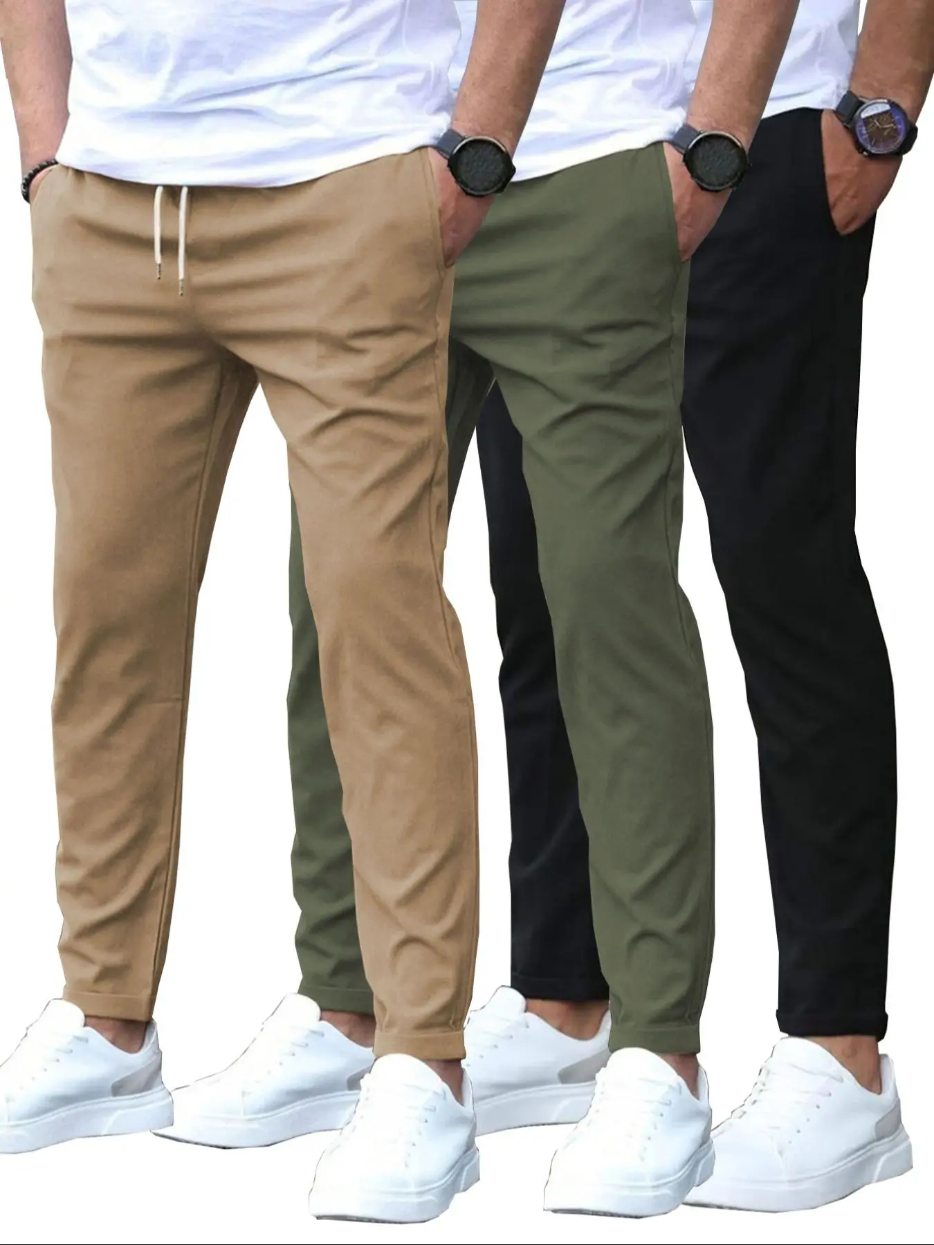 Men's Fashion Solid Color Plain Casual Long Pocket Pants, Spring & Fall Woven Fabric, Fitted Style, Moderate Thickness, Comfortable Everyday Wear, Casual Fashion Trousers