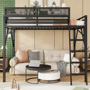 Full Size Loft Bed Frame with Ladder, Metal Full Loft Bed with Storage Shelves, High Loft Bed for Teens Adults, Black