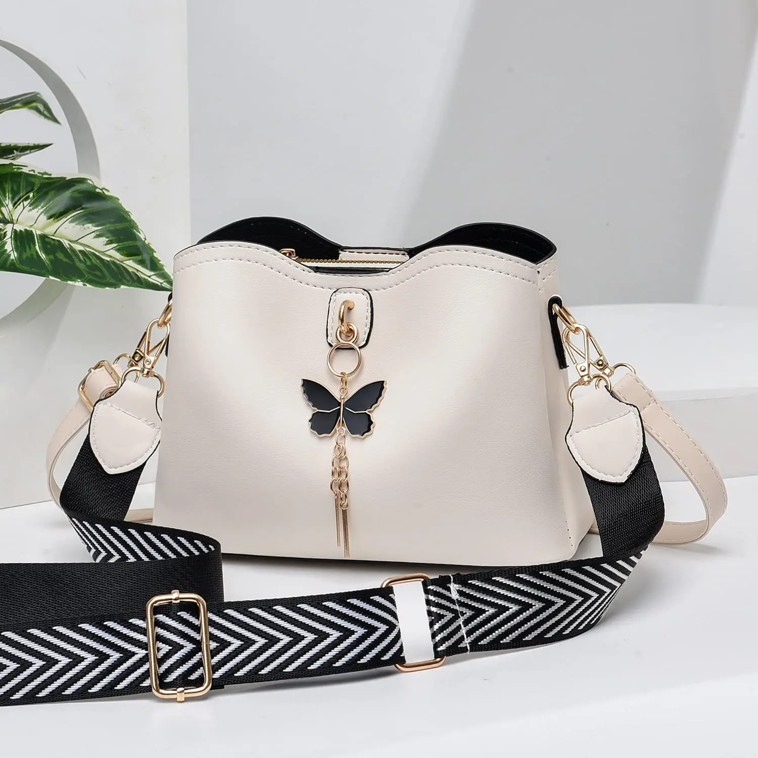 Crossbody Bag for Women - Lightweight Handbag with Black & White Striped Strap,  Everyday Bag|Minimalist Design|Zippered Bag