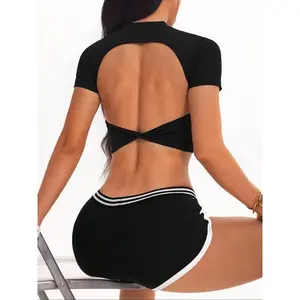 New Cross Knot Sporty Women's Backless Gym Yoga Top Short Sleeve Quick Dry Fitness Workout Clothes Fashion Slim Fit Sports Shirt Gym Tops(Top Sets)