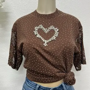 Coffee Brown T-shirt with Rhinestone and Crystal Heart Design Sheer Short Sleeves for Women