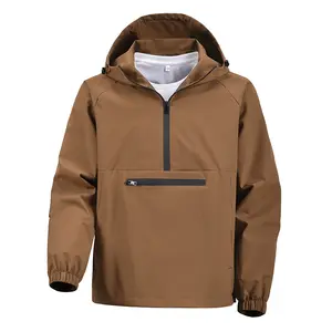 Men's Solid Color Outdoor Sports Jacket, Half Zipper Casual Hooded Windbreaker with Large Pockets, Windproof and Rainproof Long Sleeve Top Suitable for Spring and Autumn