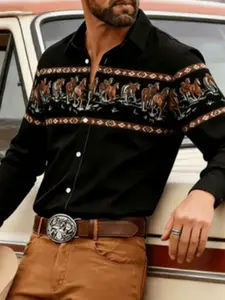 Men's Vintage Print Long Sleeve Casual Collared Shirt, Ethnic Pattern Fashion Casual Top, Breathable Fitted Shirt for Spring & Fall