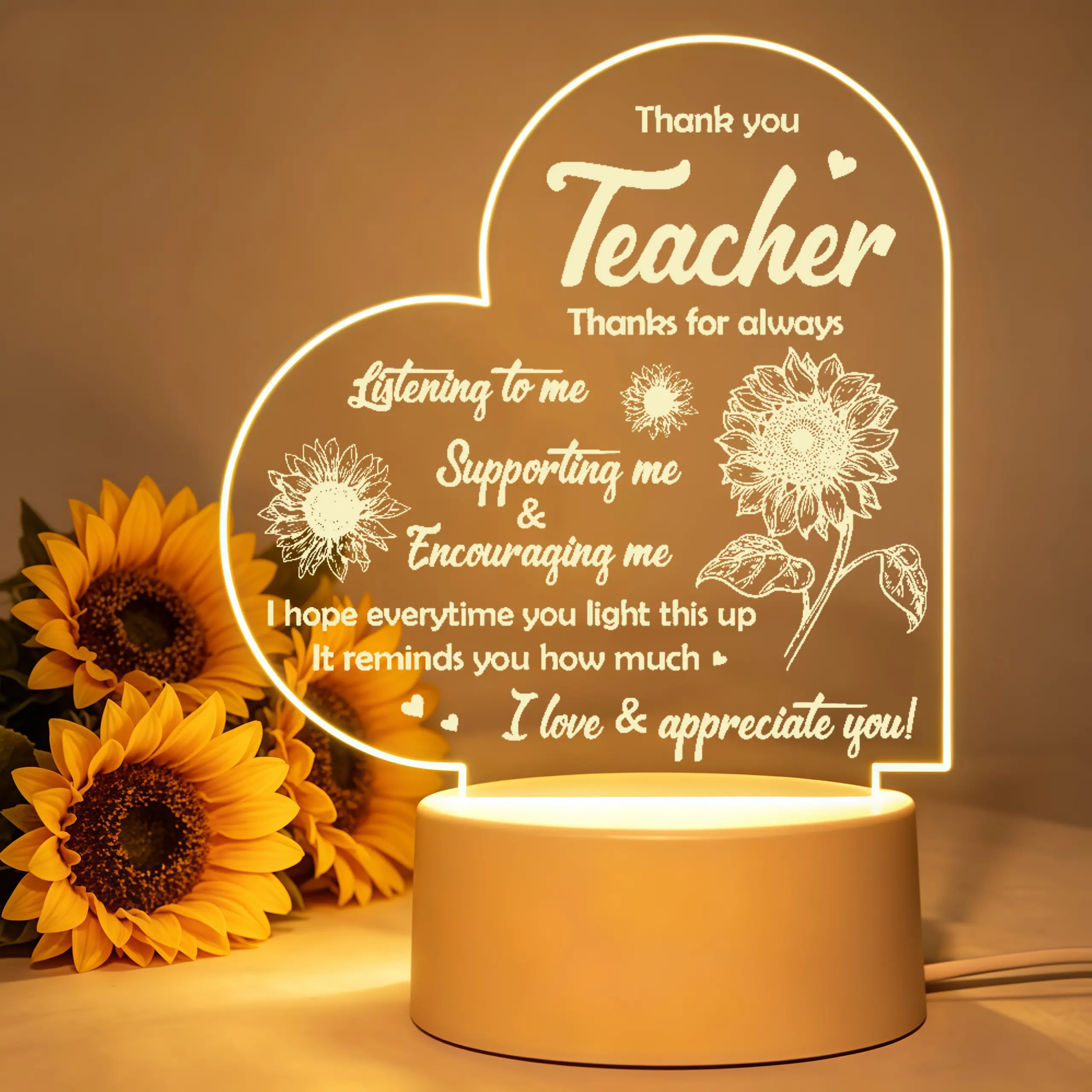 Modern Acrylic Heart-Shaped LED Night Light with Acrylic Frame and Thank-You Message - Teacher Gift Desk Lamp for Educators, Classroom Decor Appreciation Keepsake