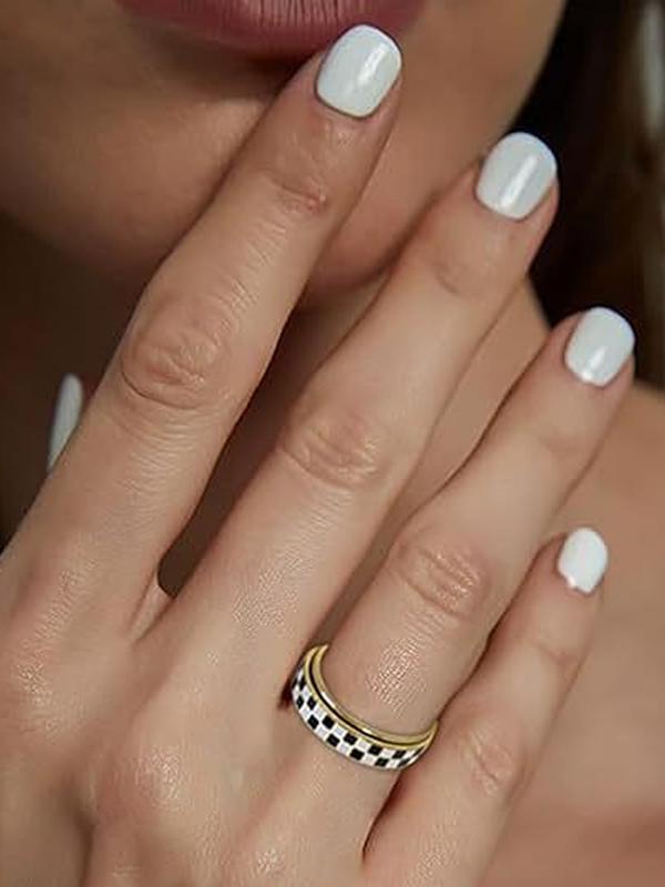 Stainless Steel Checkered Rotating Stress Relief Adjustable Ring, Unisex Casual Daily Wear, Simple Chessboard Design Jewelry