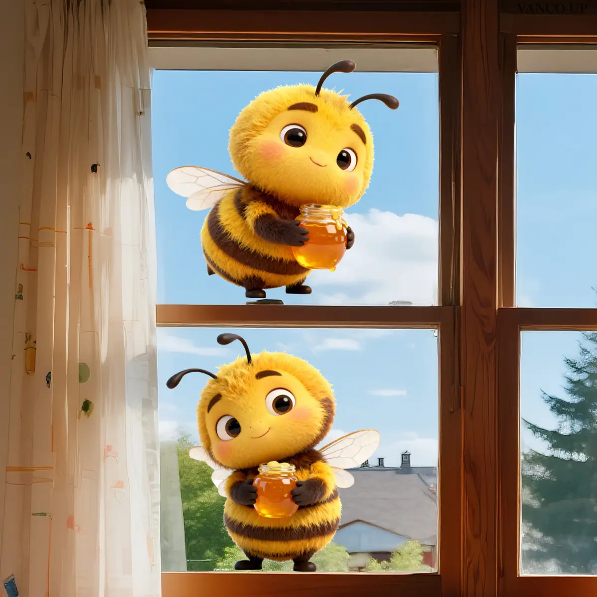 A set (30*30cm*2pcs) of two bees hugging a honey pot 2D flat window stickers, static glass stickers for window decoration, D21926-KR, Home Decor