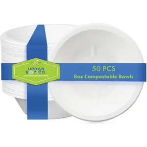 Urban Box Co. 8oz Compostable Paper Bowls, Premium Heavy-Duty Eco-Friendly Bagasse Bowl, Biodegradable & Heat-Resistant for Hot & Cold Foods, Soups, Salads, Ice Cream, Snacks
