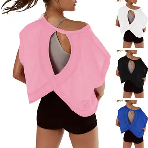 SCUSTY Women Casual Sportswear Short Sleeve Workout Shirts Open Back Tops Casual Yoga Y2k Athletic Gym Slouchy Crop Running Tees