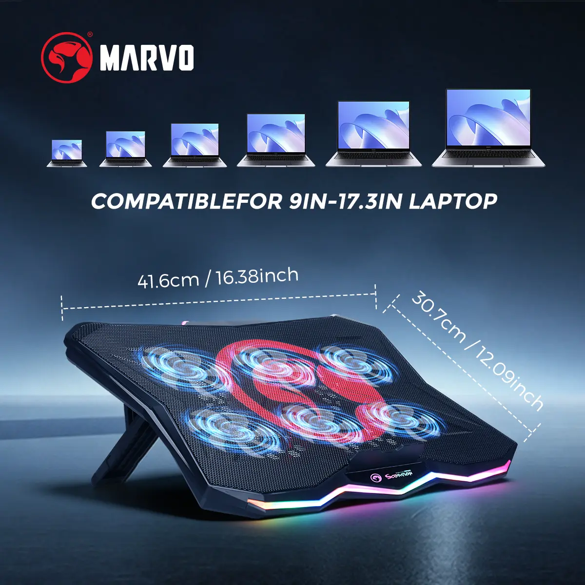 Marvo Gaming Laptop Cooler with Adjustable Cooling System, 6.5-45° Ergonomic Stand, 570-800RPM Variable Speed Fan Control, Cooling Strong Airflow, 2 USB Ports, RGB Lights, Laptops 9-17.3" Compatibility (for Gamers, Office Use)