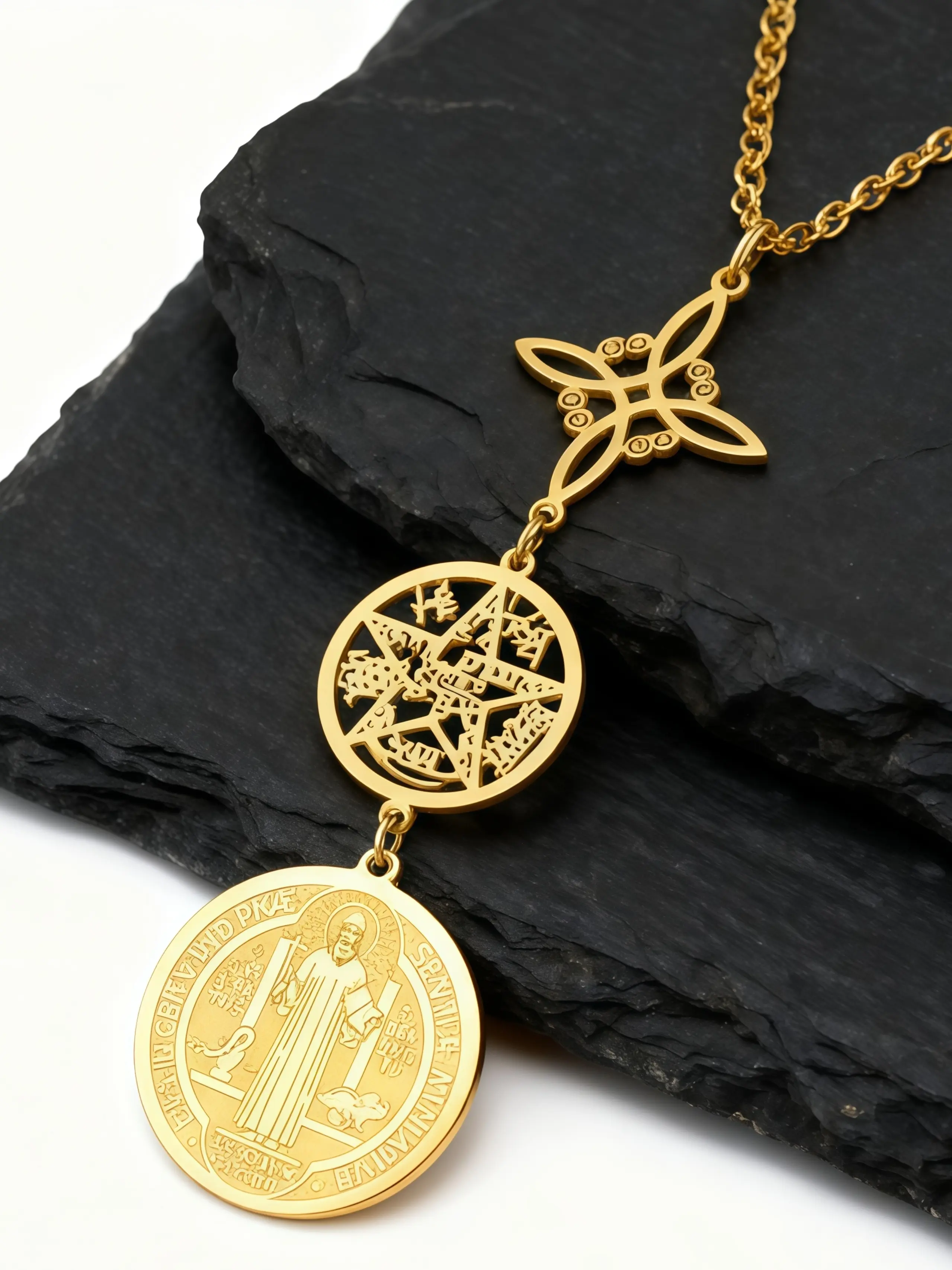 Triple Protection Stainless Steel Faith Necklace with Catholic & Jewish Spiritual Amulet, Saint Benedict Medal, Magic Knot, Pentagram Charm, Layered Pendants
