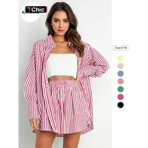 Women’s Casual Striped Shirt and Pants Set, Long-Sleeve Button-Front Top, Thigh-Slit Design, Summer, Fashionable Two-Piece Outfit