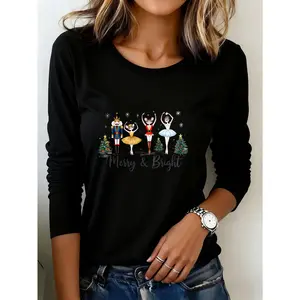 Women's T-shirt 1 piece Nutcracker Ballerina Christmas Tree Stars Washable Comfortable Durable Easy to Wear Casual Holiday Party Clothing Fashionable 200g Heavyweight Long Sleeve T-shirt
