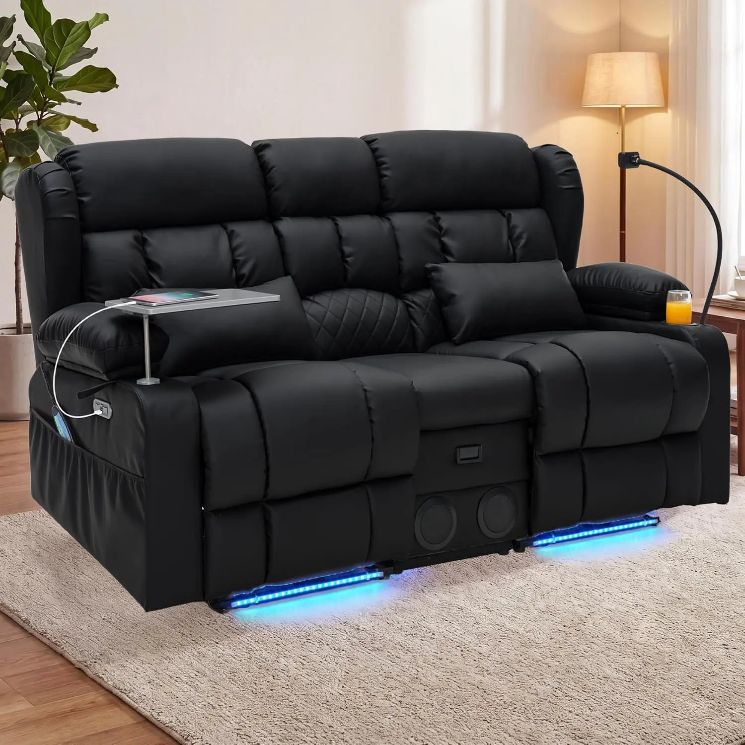 【JOYVELLEHEIM】Ergonomics Fixed Arms Power Loveseat Recliner Comfy Couch for Adults – Console, Massage, Heat, LED Lights, Bluetooth Speaker, USB Charging, Cup Holders, Storage, 360° Tray Table, Multi-Color & Fabric Options, PU Leather (Watch Party Ready)