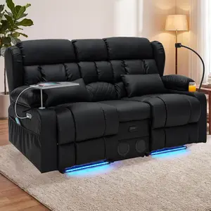 【JOYVELLEHEIM】Ergonomic Power Loveseat Recliner Sofa for Adults with Console, Massage & Heat, LED Lights Theater Seating, Bluetooth Speaker, USB Charging, Cup Holders, Storage, 360° Tray Table, Multiple Color & Fabric Options
