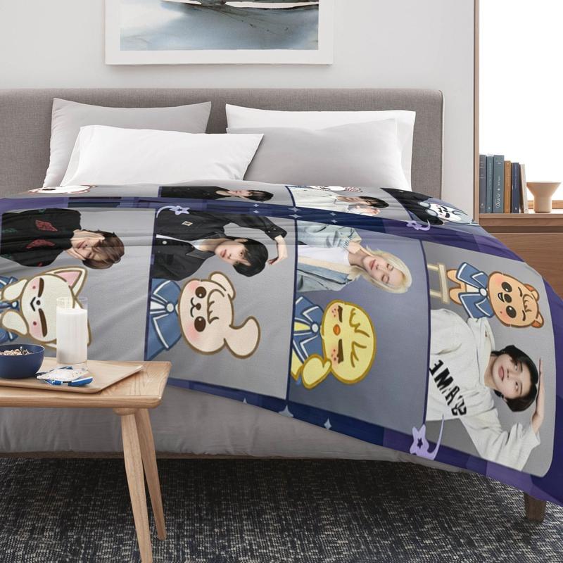 SKZ Idol Printed Blanket – Soft Flannel All-Season Throw with Cartoon Design, Cozy Bed, Sofa & Travel Blanket for Fans