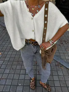 Women's Loose V-Neck Button Short Sleeve Knit Cardigan, Elegant Chic Casual Wear for Summer Fall Winter, Comfortable Pullover Top
