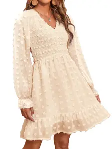 BTFBM Women's V-Neck Swiss Dot Ruffle Chiffon Mini Dress - Long Sleeve Flowy Casual Summer Fall Dresses #Outdoorfun