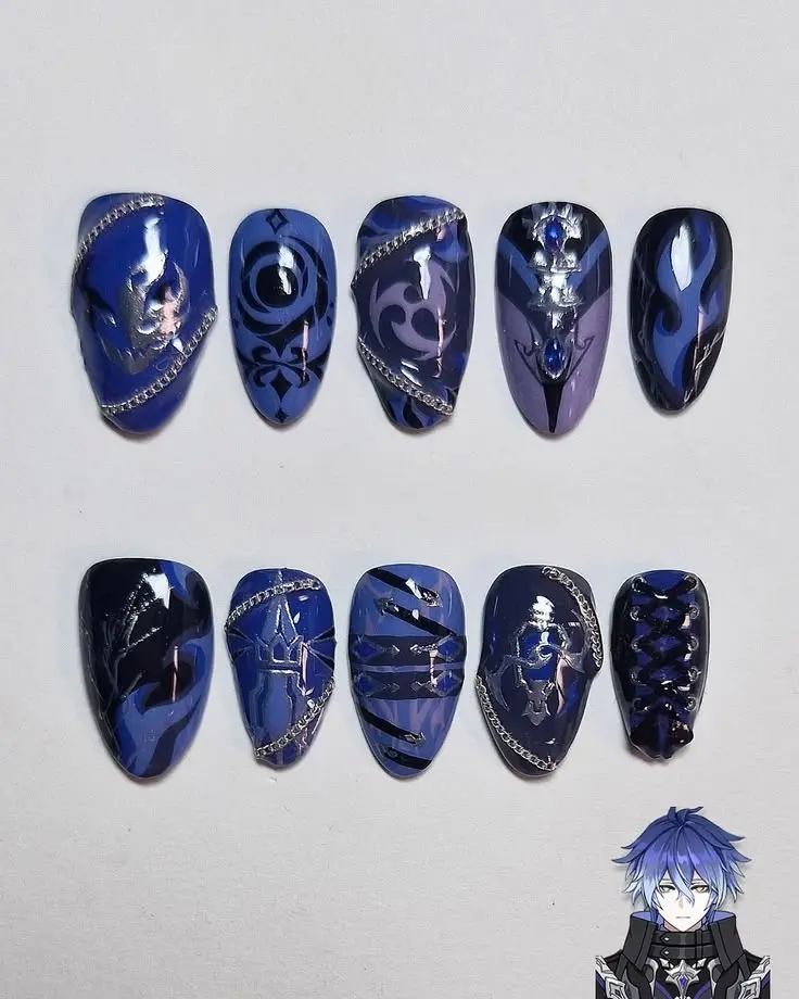 Handmade Wriothesley Inspired Press On Nails | Genshin Inspired Blue Purple Chrome Chain Gel Nails | Luxury 3D Anime Cosplay Reusable Almond Stiletto Nails with Gift Set (Adhesive Tabs, Nail File, Cuticle Stick) | Reusable Fake Nails