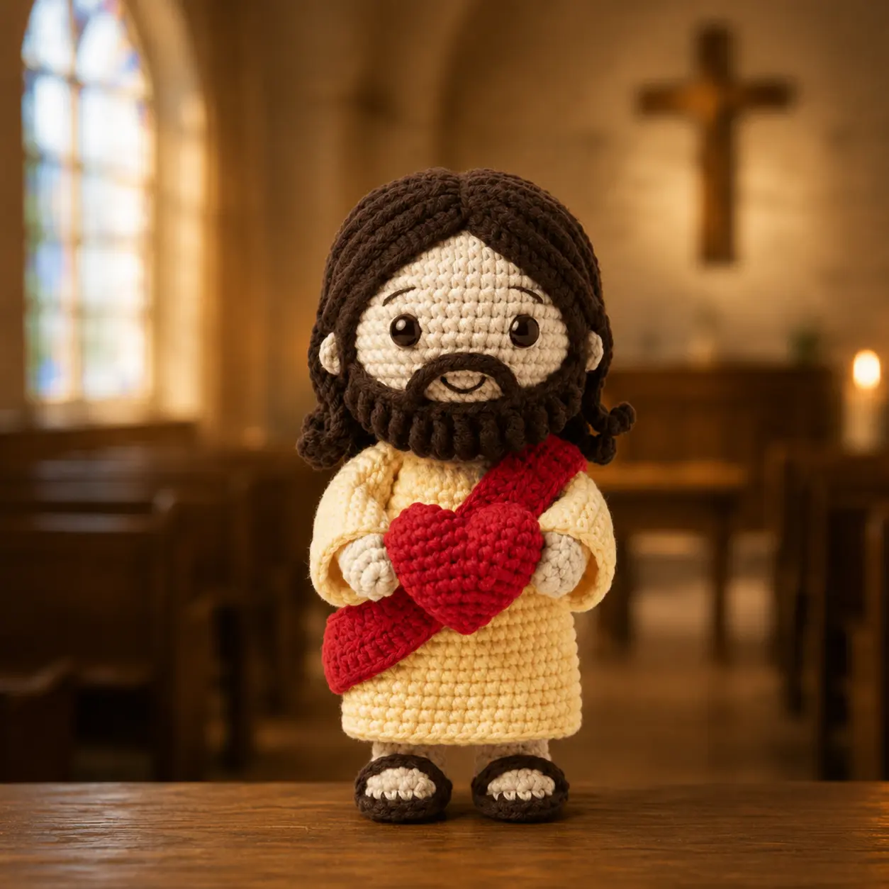 Handmade Crochet Jesus Doll with Sacred Heart – Christian Amigurumi Religious Figure, Faith Gift, Baptism & Confirmation Decor