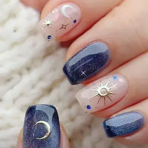 Galaxy Moon Star Press On Nails, Handmade Blue Glitter Ombre Nails with Gold Celestial Charms, Square Fake Nails for Cosmic Nail Art