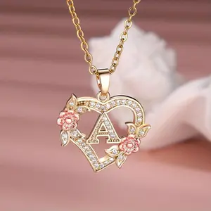 ZZHS 1pc A-Z Letter Love Heart Necklace Elegant zirconia Rose Golden Necklace Valentine's Day Gift Trendy Jewelry For Women quality  necklace