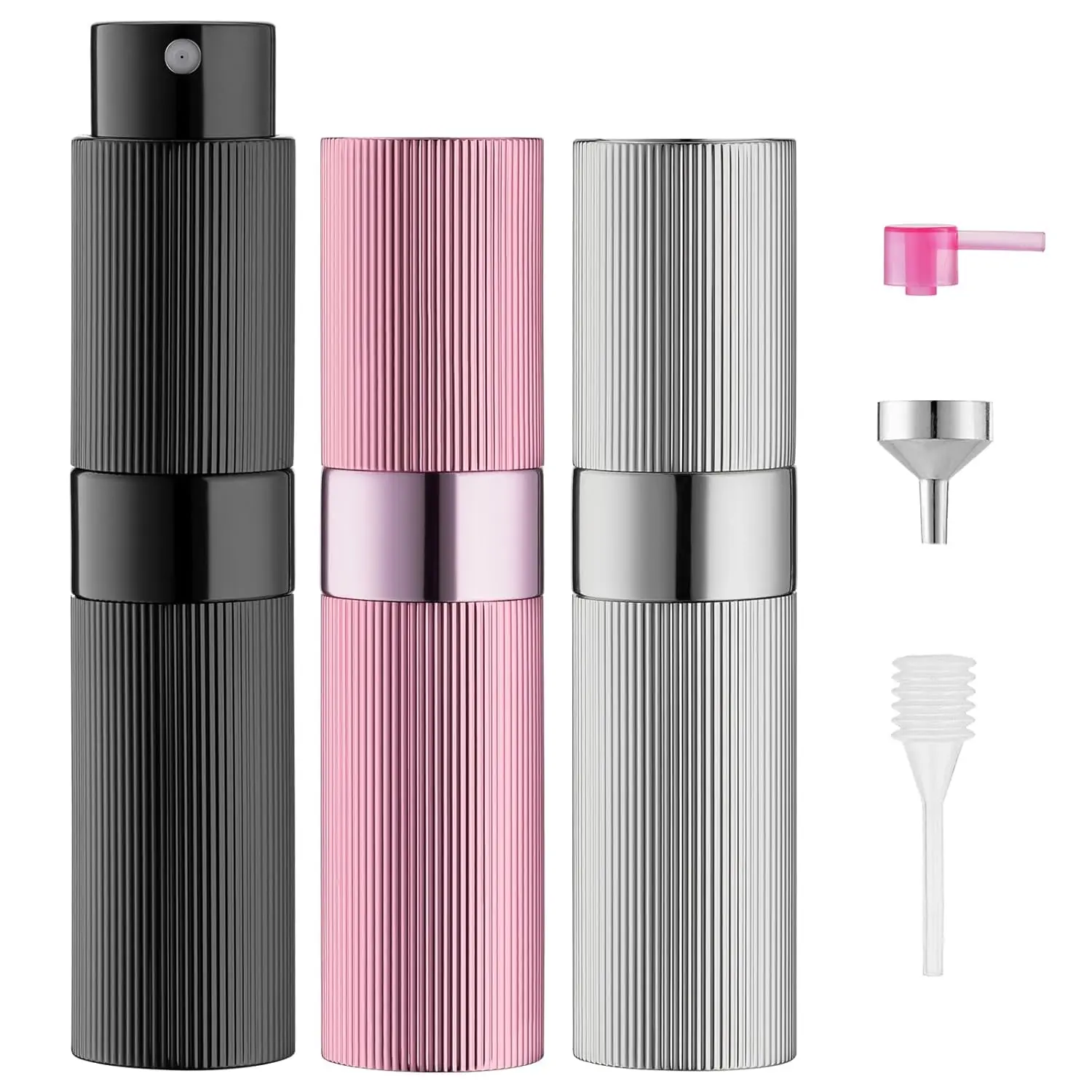 Perfume Travel Refillable Bottle: Atomizer Cologne Spray- Small Size 8ML Striped (Black, Silver, Pink)