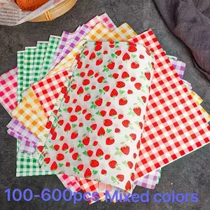 100-600 Sheets Colorful Oil Paper, Strawberry Grid Bento Box Liner, Simple Meal Pad, Cake Decoration, Bakeware, Modern Style for Bakery