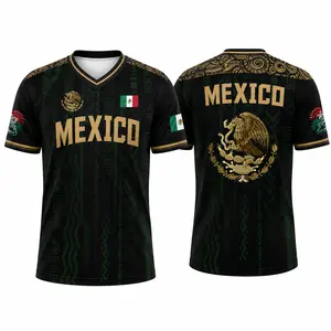 Men's Soccer Training Jersey, Mexico Football Shirt, Dark Patterned Round Neck Short Sleeve, Outdoor Activities, Casual Wear, Stylish Jersey, Soccer Uniform, Sports Top Menswear