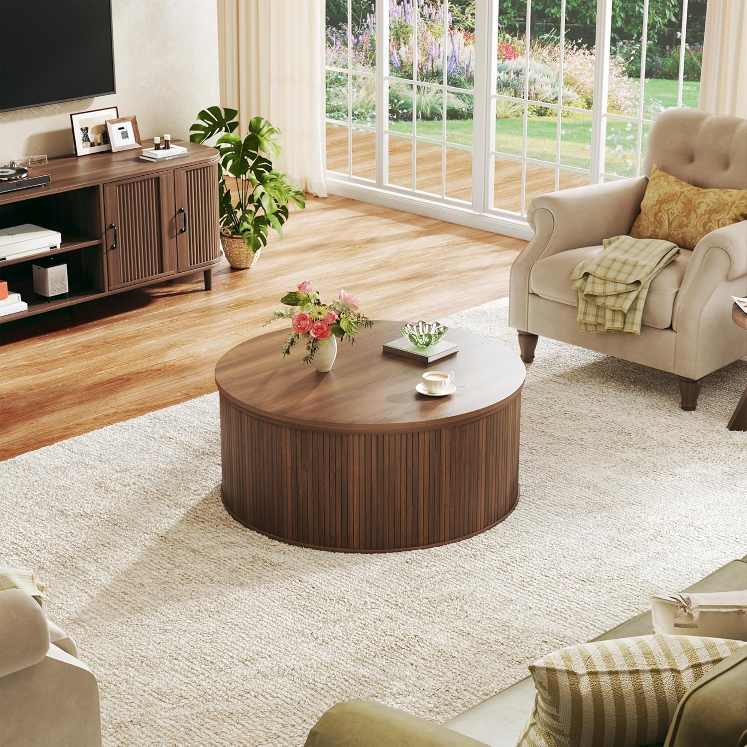 Round Coffee Table with Storage, 31.5" Lift Top Coffee Table, Mid Century Modern Coffee Tables for Living Room, Apartment Office, Fluted Table with Rustic Wood Desktop, Walnut