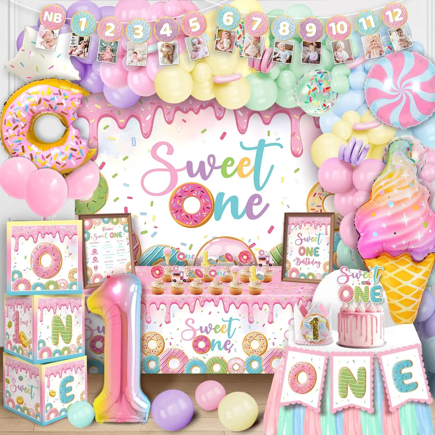 168pcs Sweet One Birthday Party Decorations, 1st Birthday Decorations Girl for Dount First Birth day Ice Cream Party Decorations, Balloons Arch, Backdrop, Photo Banner, Candy Balloons for all Needs