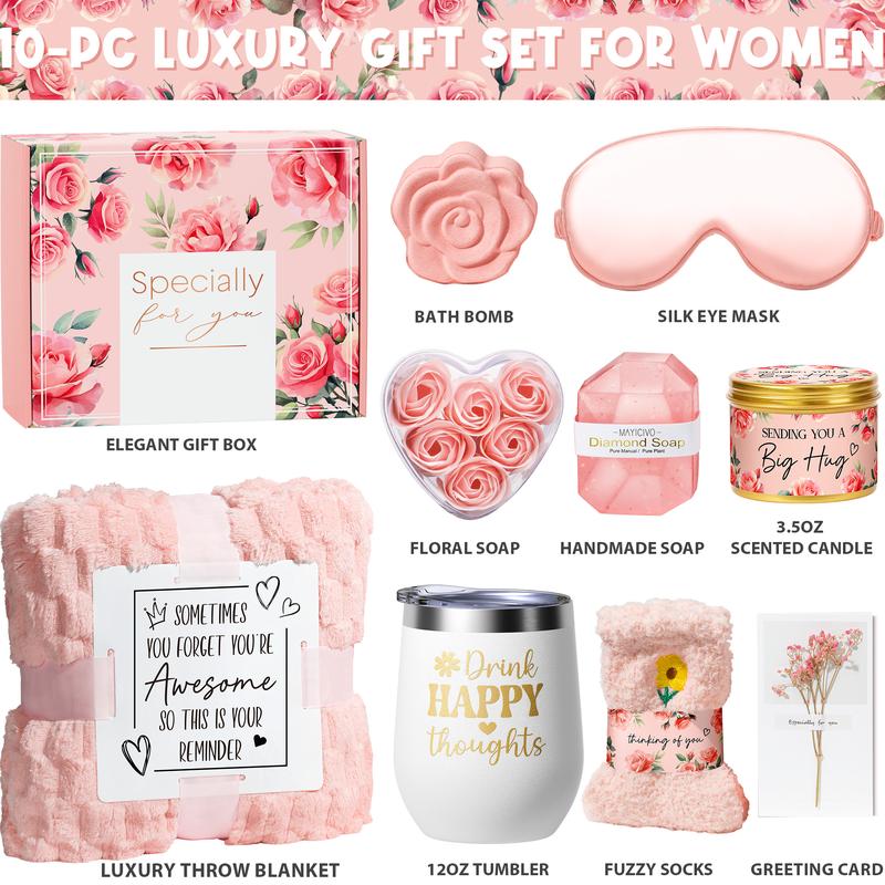 Mayicivo Valentine's Day Birthday Gifts for Women, Self Care Gifts, Get Well Soon Gifts, Relaxing Spa Gifts, Care Package, Unique Anniversary Gift Basket with Flannel Blanket for Mother, Wife, Best Friend, Sister, Her