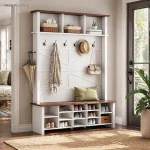 Rustic Wooden 4-in-1 Farmhouse Hall Tree - Adjustable Seat, 6-Hook Coat Rack, Shoe Storage, 16 Open Compartments, X-Shaped Back, Umbrella Holder, Walnut Entrance Furniture for Mudroom, Living Room (White, OLD SKU: N721P264915)