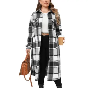 Womens Plus Size Flannel Plaid Shirts Long Sleeve Lounge Lapel Boyfriend Button Down Tartan Long Jacket Coats Fabric Fashion Womenswear Check Fit Lightweight Oversized Comfort Loose Polyester Retro Suit