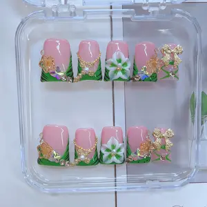 Handmade 3D Flower & Green French Tip Design And Sparkling Rhinestone & Golden Bow And Golden Cross Decor Duckbill Shaped Duck Nails, 10pcs/set Glossy Y2K Style Handmade Press On Nails, For Women & Girls DlY Nail Art, Nail Supplies, Short Nails Glam