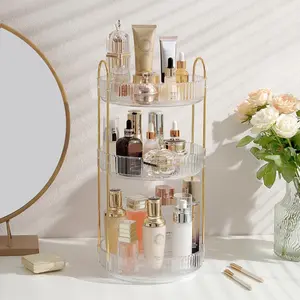 Rotating Makeup Organizer for Vanity, 3 Tier Perfume Skincare Organizers and Storage for Bathroom Countertop, Clear Spinning Counter Cosmetic Holder for Dresser,White