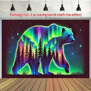 1pc 2D Flat Northern Aurora Borealis Forest Polar Bear Backdrop - Glowing Neon Green & Pink Banners with Blacklight Reactive Wall Hanging for Birthday Wedding Party Decor, Photo Booth Background,