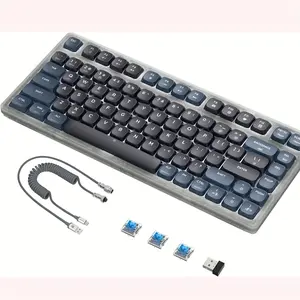 2024-NEW-Low profile mechanical keyboard, 75% TKL wireless keyboard with 83 PBT keycaps, three modes BT5.0/2.4G/custom winding cable, white LED backlit keyboard for PC Mac phone tablet - blue switch