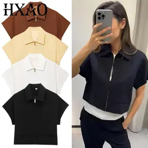 HXAO Women's Jackets Cropped Zip Up Outerwears Khaki Black White Yellow Tops New In Coats & Jackets Zipper Short-Sleeved Jacket
