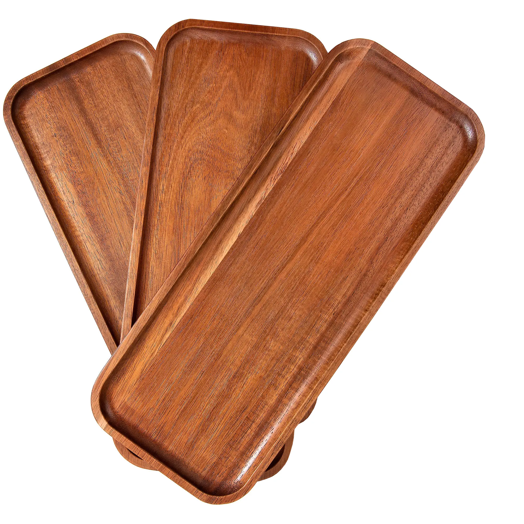 Solid Acacia Wood Serving Trays (14 x 5.5 inches) Rectangular Wooden Serving Platters for Home Decor, Food, Vegetables, Fruit, Charcuterie, Appetizer Serving Tray, Cheese Board (Set of 3 Plates) Family Small