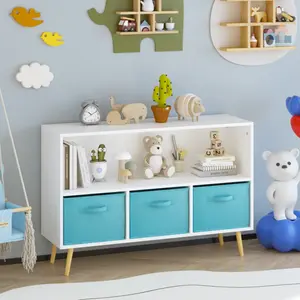 Kids bookcase with Collapsible Fabric Drawers, Children's Book Display, Toy Storage Cabinet Organizer, White/Blue,Baby Toddler Bookshelf for Kids, Kids Bookcase, Toy Storage Organizer, for Playroom, Bedroom, Nursery,Stable, sturdy, and multifunctional