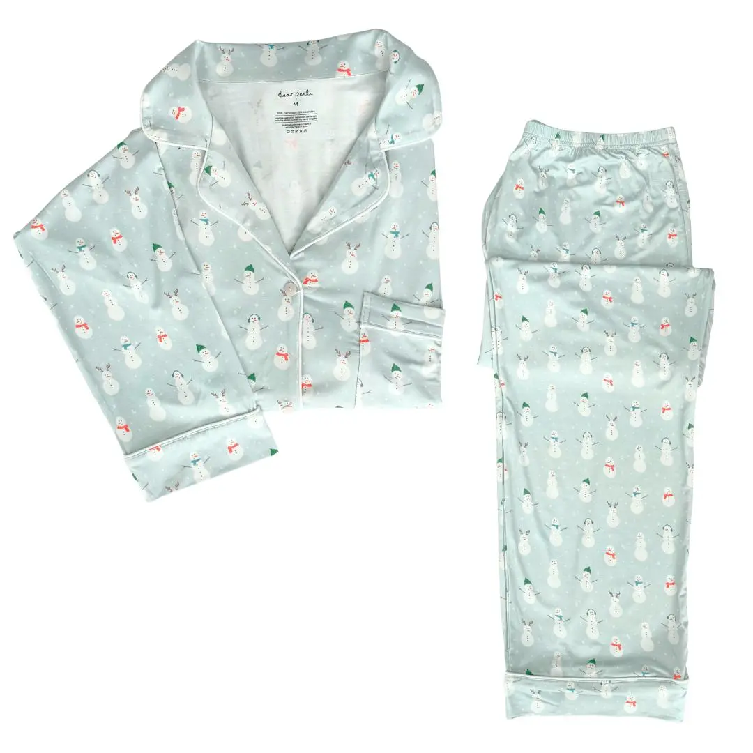 DEAR PERLI Women's Frosted Friends Snowman Pajama Set Long Sleeve Top & Elastic Waist Pants Cozy 2-Piece Bamboo Loungewear for Comfortable Nightwear - Fit