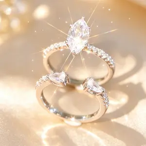 2-Piece Fashionable Marquise Cubic Zirconia Couple Ring Set Simple Elegant Style Stackable Promise Rings for Couples Daily Wear Love Token Gift