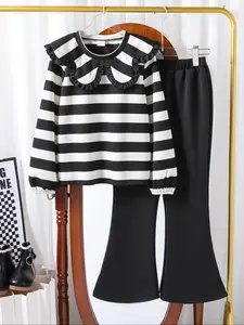 Two-Piece Set Girl's Striped Print Top & Elastic Waist Flared-Leg Pants Set, Casual Long Sleeve Top & Trousers Set for Fall & Winter, Striped Sets, Kids Clothes for Daily Wear