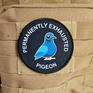 Permanently exhausted pigeon. 3" circle morale patch with hook and loop backing