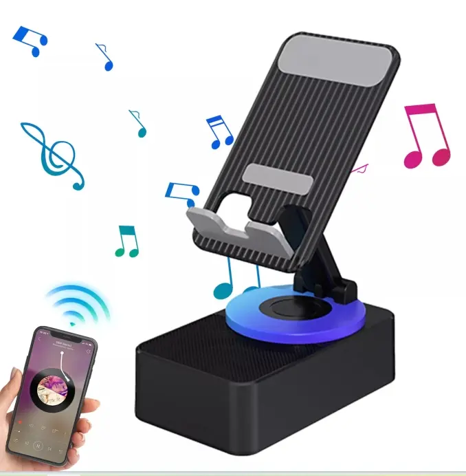 Mobile Phone Stand with Bluetooth Speaker, Adjustable Tablet Holder with Wireles Cell Phone Stand with Wireless Bluetooth Speaker and Anti-Slip Base HD Surround  Universal Cell Phone Smartphone Foldable  Portable Cellphone Accessories