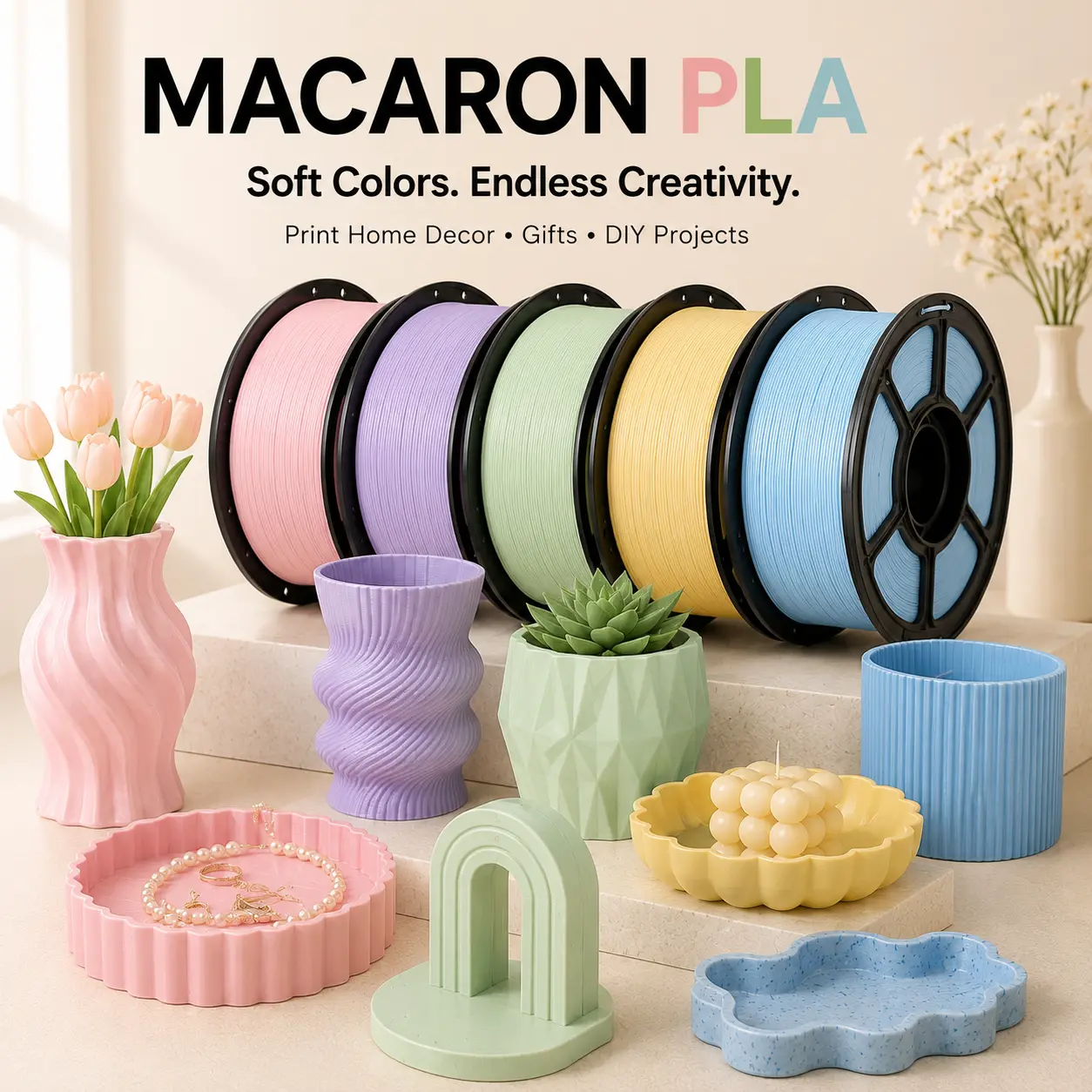 FILAZOO Macaron Color PLA 3D Printer Filament 1KG, 1.75mm Premium PLA Filament, Soft Pastel Colors, Low Warpage, ±0.02mm Accuracy, Smooth Printing for DIY Crafts & Home Decoration